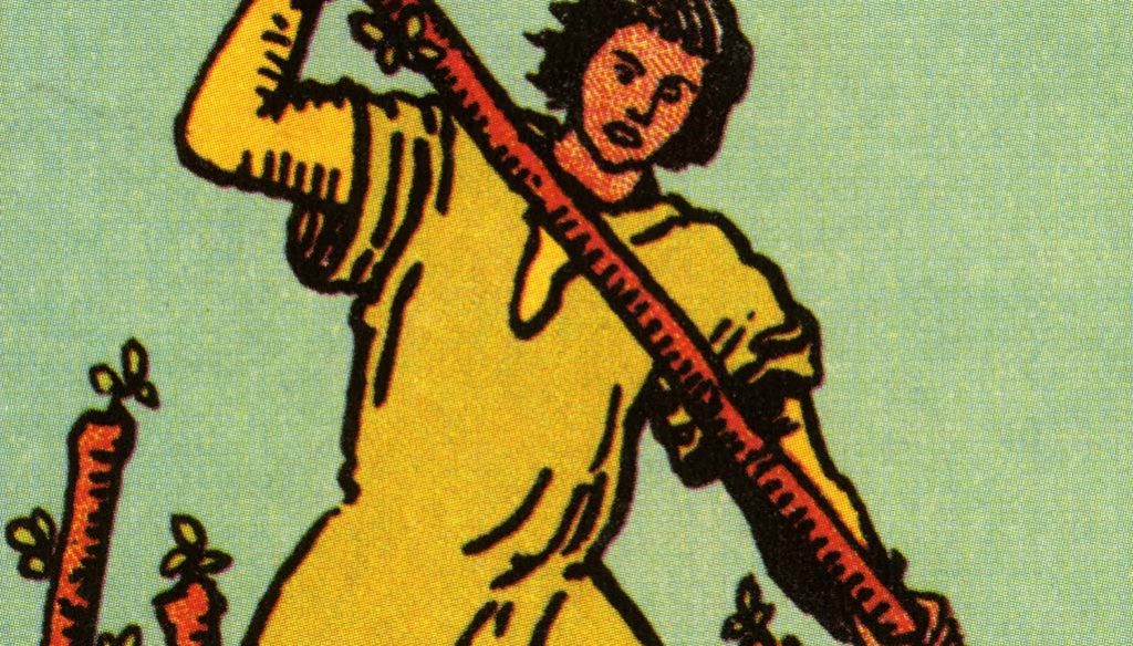 The Seven of Wands card from the Rider-Waite-Smith tarot deck, depicting a figure defending their position against multiple wands.